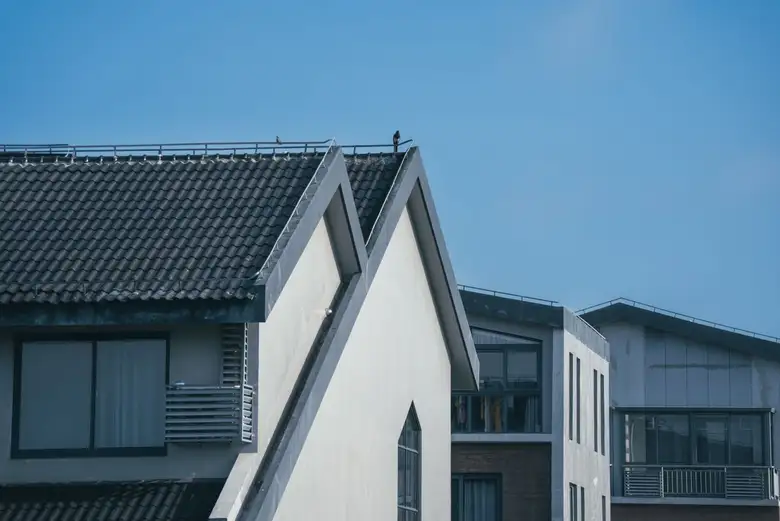 Modern residential buildings with distinctive pitched rooftops